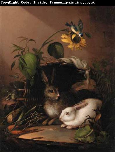 Carl Johann Lasch Two rabbits in an upturned basket with a blue tit on a sunflower